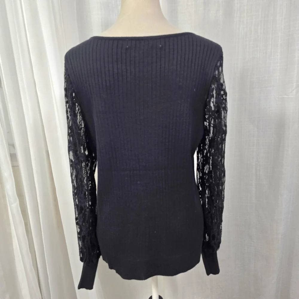 2/$30 Absolutely Famous Black Rib Knit Sweater Lace Sleeves Plus Size 1X - Picture 4 of 11